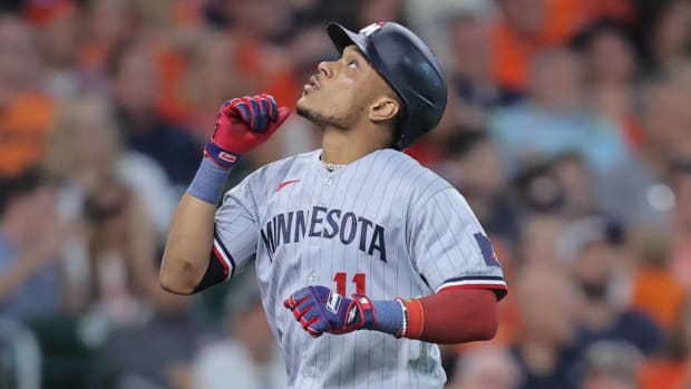 Jorge Polanco celebrates after a home run.